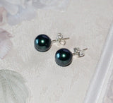 8mm Tahitian blue green pearl stud earrings Sterling Silver Teal Swarovski pearl studs bridesmaid earrings Tahitian peacock pearl studs
