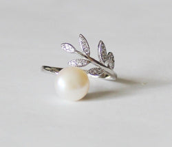 Genuine fresh water pearl and leaf ring, Sterling silver, open leaf pearl ring cubic zirconia leaf ring Real pearl ring birthday Mothers day