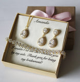 Bridesmaid jewelry set, Rose gold Tear drop Cubic Zirconia pearl earrings bracelet necklace set, Bridesmaid gift, Gold bridesmaid earrings