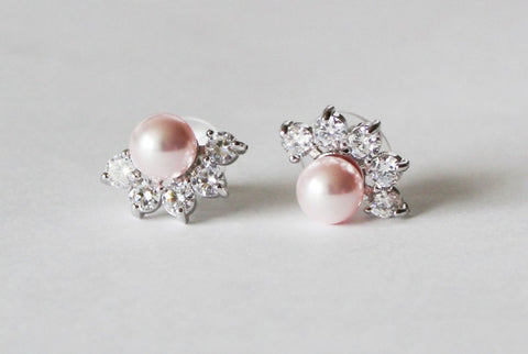 Pink bridesmaid gift SET, Bridesmaid earrings, Pearl necklace, bracelet and stud earrings SET- Pink earrings-Cubic Zirconia-Wedding jewelry