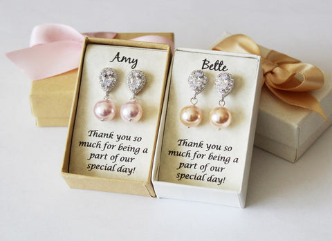 10mm pearl Bridesmaid gift Bridesmaid earrings necklace SET Large pearl earrings Tear drop zirconia earrings Bridal jewelry rose gold studs