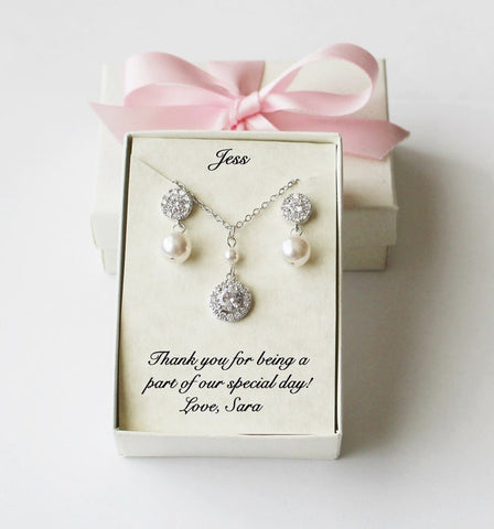 Bridesmaid gift Bridesmaid necklace earrings bracelet Pearl and crystal wedding gift set Bridesmaid earring Silver wedding jewelry Pearl set