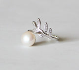 Genuine fresh water pearl and leaf ring, Sterling silver, open leaf pearl ring cubic zirconia leaf ring Real pearl ring birthday Mothers day