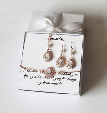 Bridesmaid earrings, Bridesmaid bracelet earrings set, Tear drop cubic zirconia, Bridal necklace earrings, Bridesmaid gift, Wedding jewelry