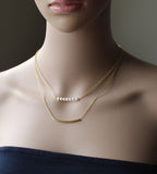 Double strand real pearl bar necklace- Curve bar necklace- Pearl floating necklace- Bridesmaid necklace- Wedding jewelry- Gold bar necklace