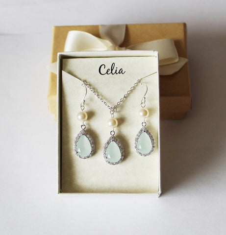 Light mint bridesmaid necklace, Opal mint green bridesmaid earrings, Light mint earrings,Bridesmaid gift, Aqua bridesmaid necklace earrings