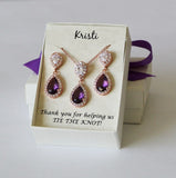 Deep purple bridesmaid bracelet, Dark purple bridesmaid earrings Cubic Zirconia earrings necklace set Bridesmaid gift, Purple custom ribbon