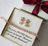 Custom pearl color, Pink pearl bridesmaid earrings cubic zirconia bridesmaid necklace bracelet earrings Bridal gift wedding party jewelry