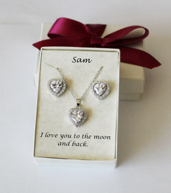 Heart CZ earrings bracelet necklace set Bridesmaid gift Bridesmaid necklace earrings Mother of the bride jewelry Heart earrings wedding gift