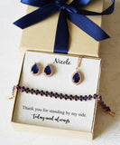 Engraved navy blue wedding bracelet necklace set, Bridesmaid bracelet earrings, Navy bridesmaid earrings necklace, Blue bridal jewelry gift
