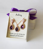 Dark purple bridesmaid earrings, Purple bridesmaid necklace earrings set, Tear drop purple earrings, Purple bridal jewelry Wedding earrings