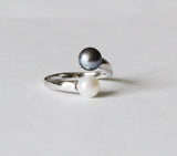 Adjustable double fresh water pearl ring Sterling silver ring Peacock black and white pearl ring Black pearl ring white pearl ring Birthday