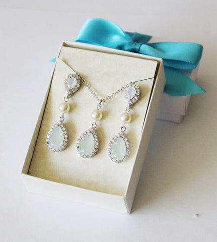 Opal light mint bridesmaid necklace earrings set, Bridesmaid earrings gift, Bridesmaid jewelry set, mint green earrings, Opal wedding set 7