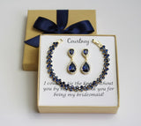 Bridal party bracelet earrings set Navy tear drop cubic zirconia earrings, Blue bridesmaid gift set, Bridesmaid necklace, Navy blue earrings