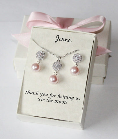 Pink pearl bridesmaid gift set, Pink bridesmaid earrings Custom color wedding jewelry necklace earrings bracelet Flower girl gift CZ & pearl