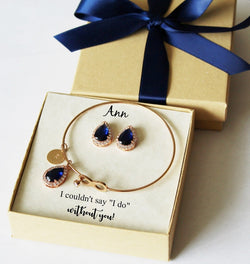 Custom color Navy blue bangle bridesmaid bracelet earrings set bridesmaid earrings Navy bridesmaid gift infinity bracelet, Navy blue jewelry