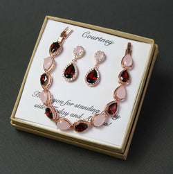 Burgundy pink opal bridesmaid jewelry set Burgundy bridesmaid earrings Pink opal bridesmaid gift Blush earrings Custom bridesmaid bracelet