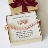 Mothers gift, Engraved Mother of the groom bracelet, Mother of the bride gift, Heart CZ mother gift set, Mother earrings, Mother in law gift