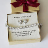 Mothers gift, Engraved Mother of the groom bracelet, Mother of the bride gift, Heart CZ mother gift set, Mother earrings, Mother in law gift