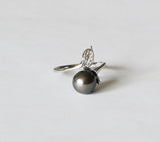 Open fresh water pearl ring, Sterling silver leaf pearl ring, Peacock black pearl ring Engagement ring birthday gift Wedding ring Adjustable