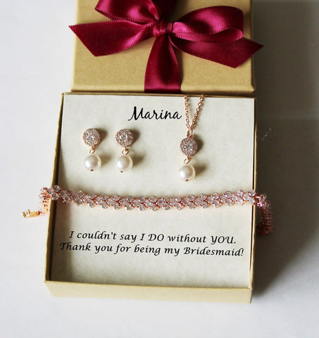 Bridesmaid jewelry set, Personalized round Cubic Zirconia post earrings necklace set, custom pearl color Bridesmaid earrings bracelet gift
