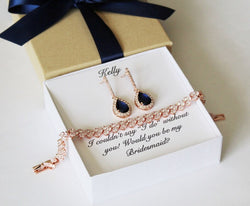 Navy bridesmaid earrings bracelet set dark blue bridesmaid gift Bridesmaid necklace earrings Cubic Zirconia post earrings Bridesmaid jewelry
