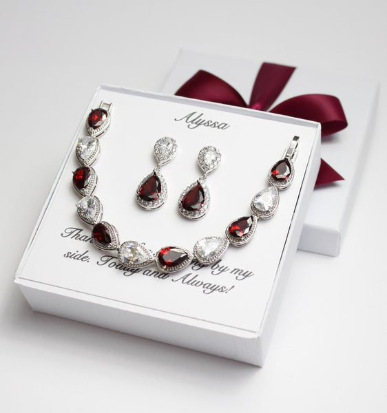 Clear and Burgundy crystal bridesmaid earrings Dark red bridesmaid jewelry Bridesmaid bracelet earring set Custom pattern color wedding gift