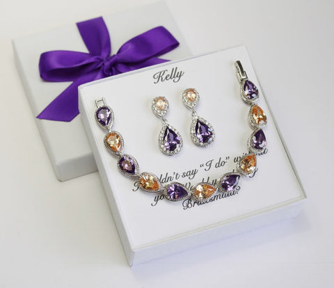 Custom champagne purple bridesmaid earrings bracelet champagne purple plum bridesmaid bracelet earrings Dark purple bridesmaid necklace gift