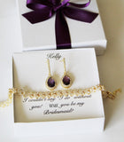 Bridesmaid gift Purple plum CZ post bridesmaid earrings Gold bridesmaid necklace earring bracelet set Bridal party jewelry Bridesmaid gift