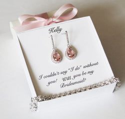 Bridesmaid gift Pink Morganite CZ post bridesmaid earrings Silver bridesmaid bracelet earring necklace Bridal party jewelry Blush bridesmaid