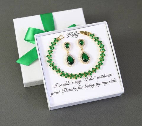 Emerald bridesmaid earrings Emerald wedding bracelet earrings necklace set Green bridal jewelry set Green bridesmaid necklace Wedding gift