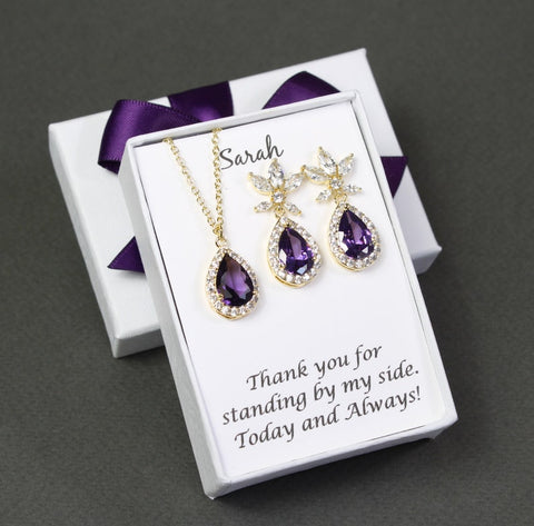 Deep purple bridesmaid earrings Purple plum bridesmaid necklace earrings Purple Amethyst gift set Bridesmaid gift Custom color wedding set