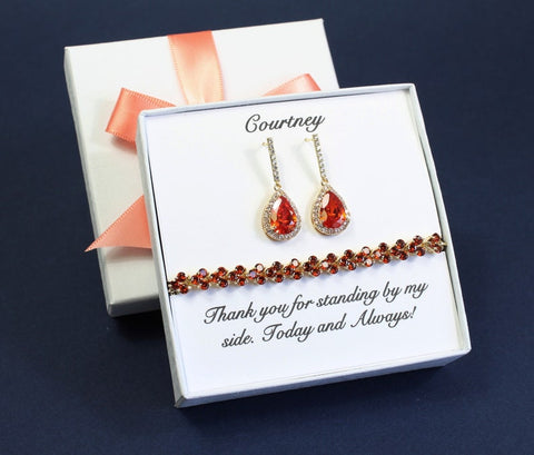 Orange red Wedding Jewelry Bridesmaid Earrings bracelet set Red bracelet earrings Christmas wedding Bridal gift set bridesmaid gift necklace