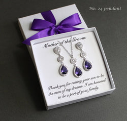 Mothers gift, Custom Purple Mother of the groom set, Mother of the bride gift, Purple Mother earrings Mother necklace earrings set Emerald
