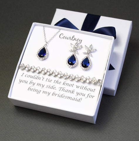 Dark blue bridesmaid necklace earrings, Navy blue bridesmaid jewelry Navy Cubic Zirconia earrings set Bridesmaid gift, Navy wedding gift set