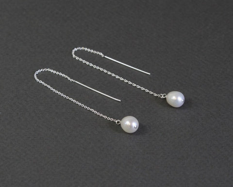 Fresh water pearl sterling silver threader earrings, Pearl threader earrings, Bridesmaid earrings, Long pearl earrings, June birthday gift