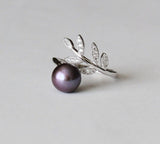 Peacock black freshwater pearl open ring, Sterling silver leaf pearl ring Real pearl ring Plum pearl ring Christmas birthday wedding ring