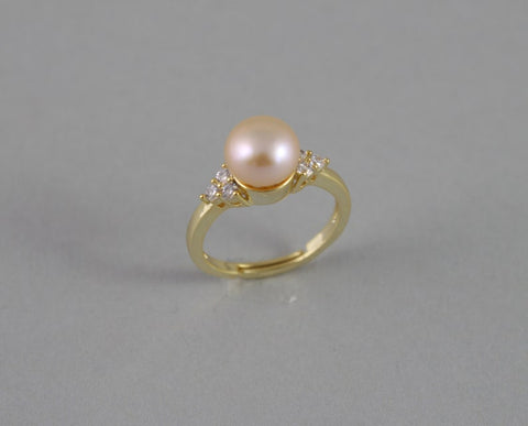 Peach fresh water pearl ring, Rose gold Cubic Zirconia ring, Real peach champagne pearl ring, birthday Adjustable ring Engagement, Christmas