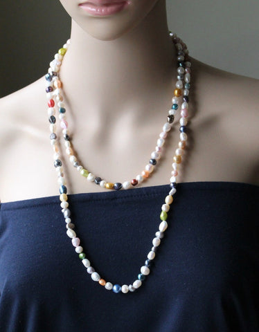 48 inches multi-colored fresh water pearl necklace, Real pearl necklace, Long pearl necklace, Continuous pearl necklace, Multi row necklace