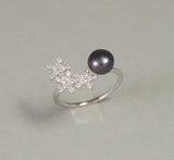 Fresh water black pearl and CZ ring, Adjustable pearl ring, Real pearl open ring, white pearl ring, Wedding CZ and pearl ring, Birthday