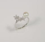 Fresh water black pearl and CZ ring, Adjustable pearl ring, Real pearl open ring, white pearl ring, Wedding CZ and pearl ring, Birthday