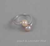 Peach and Pink pearl open ring Sterling silver ring Double pearl ring Real pearl ring Genuine pearl ring Wedding ring Lavender pearl ring