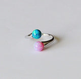 Pink and Peacock Opal open ring Sterling silver ring Adjustable ring Bridal Wedding ring Fire opal ring Double opal ring Birthstone ring
