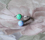 Pink and Peacock Opal open ring Sterling silver ring Adjustable ring Bridal Wedding ring Fire opal ring Double opal ring Birthstone ring