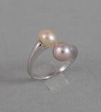 Peach and Pink pearl open ring Sterling silver ring Double pearl ring Real pearl ring Genuine pearl ring Wedding ring Lavender pearl ring