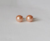 8mm Rose Peach Swarovski pearl stud earrings - Rose gold stud earrings- Peach pearl studs- Wedding earring gifts - Rose gold pearl earrings