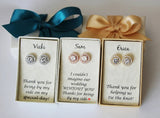Custom personalized bridesmaid earrings Engraved bridesmaid gift Tear drop bridesmaid earring round earring gift custom message ribbon color