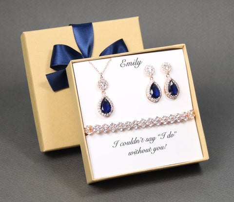 Custom navy blue bridesmaid jewelry, Blue bridesmaid earrings Navy Bridesmaid necklace Bridesmaid necklace earrings set Wedding jewelry gift