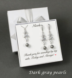 Gray bridal pearl earrings necklace Dark Gray wedding pearl set Silver wedding jewelry Gray pearl bridal earrings Bridesmaid earrings