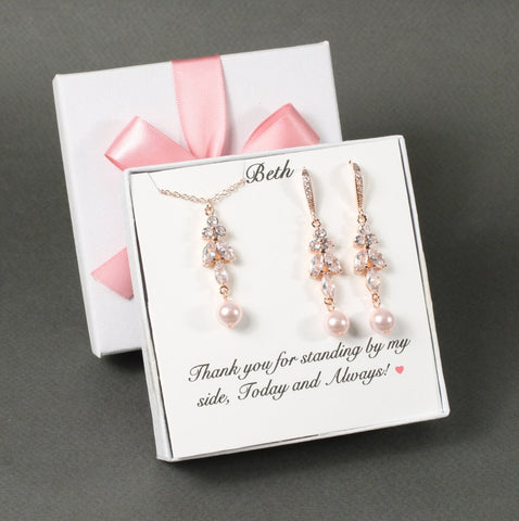CLIP ON Custom pearl bridesmaid earrings Blush pink pearl Bridesmaids earrings necklace Bridal earrings Pink bridesmaids earrings leaf drops